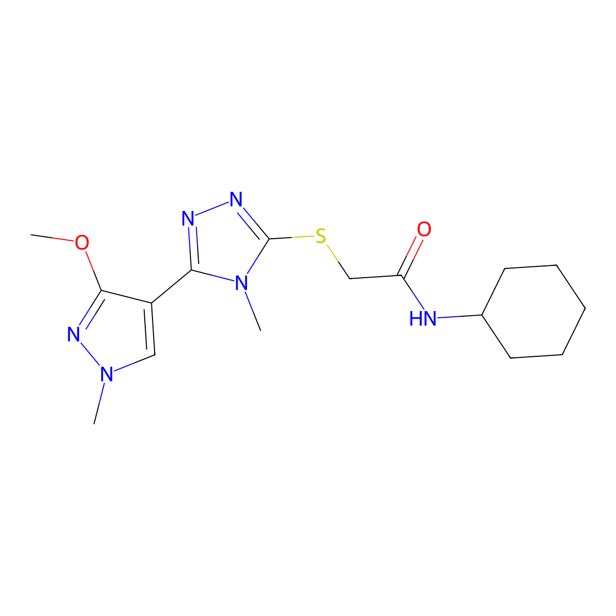 N-cyclohexyl-2-((5-(3-methoxy-1-methyl-1H-pyrazol-4-yl)-4-methyl-4H-1,2,4-triazol-3-yl)thio)acetamide molecular structure, CAS 1014054-05-7