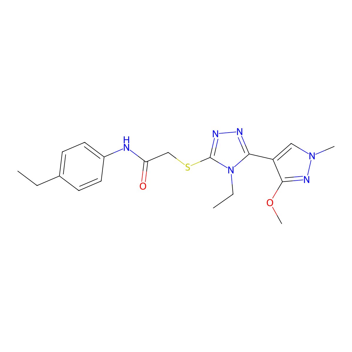 2-((4-ethyl-5-(3-methoxy-1-methyl-1H-pyrazol-4-yl)-4H-1,2,4-triazol-3-yl)thio)-N-(4-ethylphenyl)acetamide molecular structure, CAS 1014054-08-0