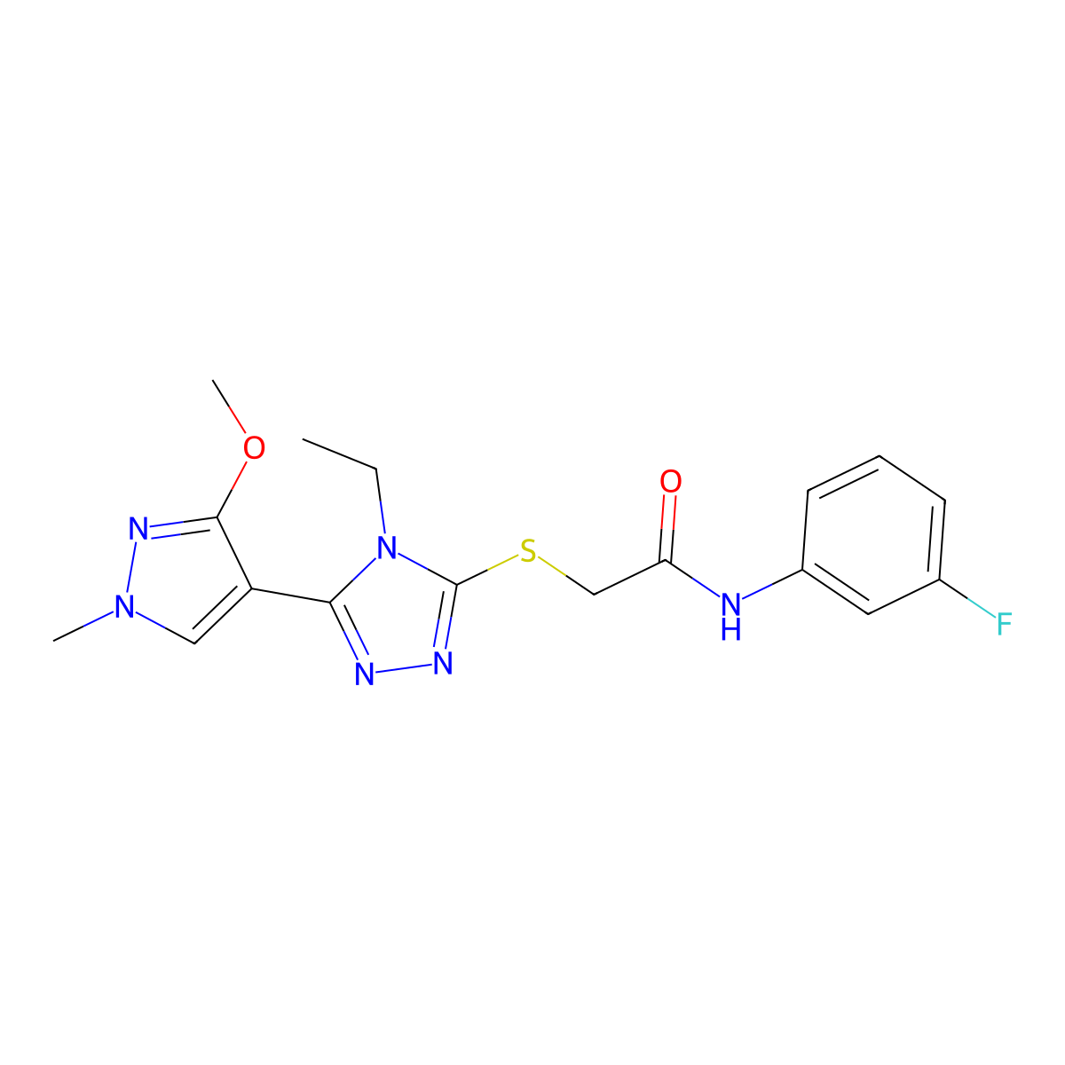 2-((4-ethyl-5-(3-methoxy-1-methyl-1H-pyrazol-4-yl)-4H-1,2,4-triazol-3-yl)thio)-N-(3-fluorophenyl)acetamide molecular structure, CAS 1014054-22-8