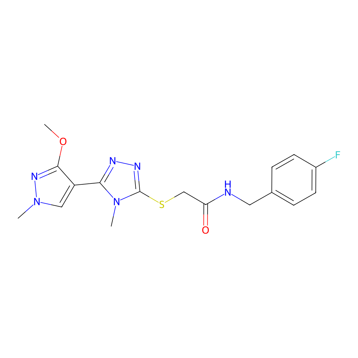 N-(4-fluorobenzyl)-2-((5-(3-methoxy-1-methyl-1H-pyrazol-4-yl)-4-methyl-4H-1,2,4-triazol-3-yl)thio)acetamide molecular structure, CAS 1014054-24-0