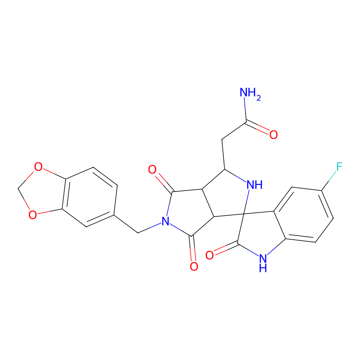 2-[(3aR,6aS)-5-(1,3-benzodioxol-5-ylmethyl)-5'-fluoro-2',4,6-trioxospiro[1,2,3a,6a-tetrahydropyrrolo[3,4-c]pyrrole-3,3'-1H-indole]-1-yl]acetamide molecular structure, CAS 1014062-85-1