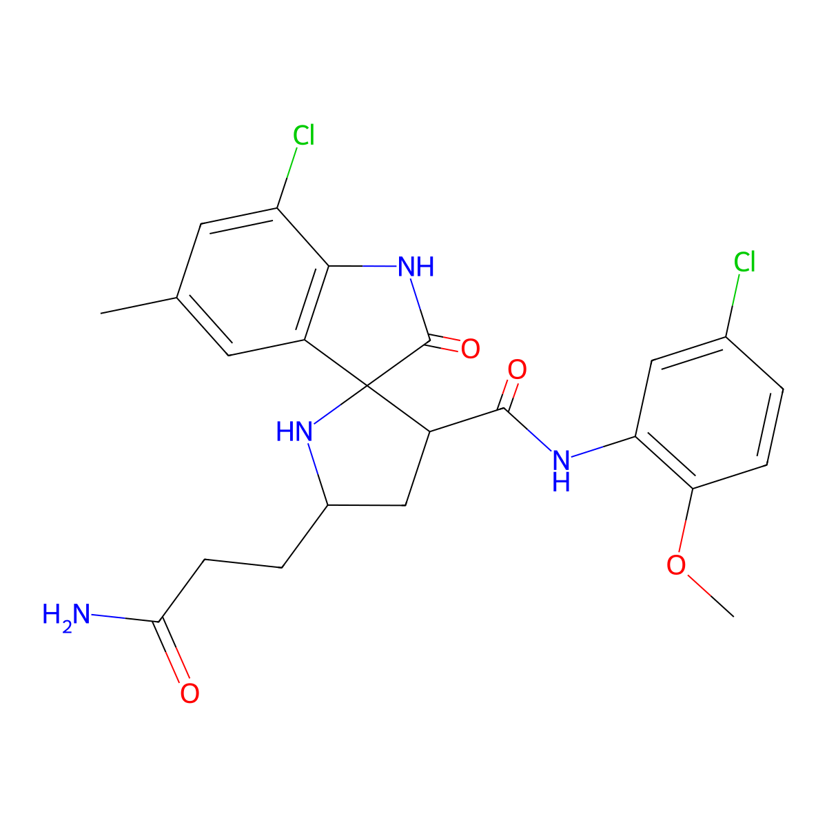 (3R,3'S,5'S)-5'-(3-amino-3-oxopropyl)-7-chloro-N-(5-chloro-2-methoxyphenyl)-5-methyl-2-oxospiro[1H-indole-3,2'-pyrrolidine]-3'-carboxamide molecular structure, CAS 1014062-90-8