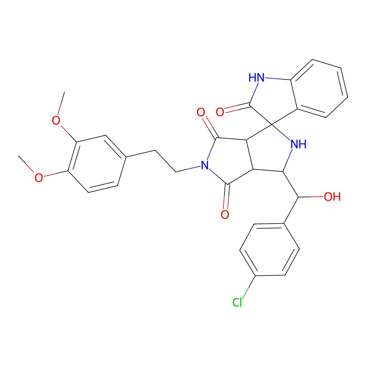(1R,3S,3aS,6aR)-1-[(R)-(4-chlorophenyl)-hydroxymethyl]-5-[2-(3,4-dimethoxyphenyl)ethyl]spiro[1,2,3a,6a-tetrahydropyrrolo[3,4-c]pyrrole-3,3'-1H-indole]-2',4,6-trione molecular structure, CAS 1014065-47-4