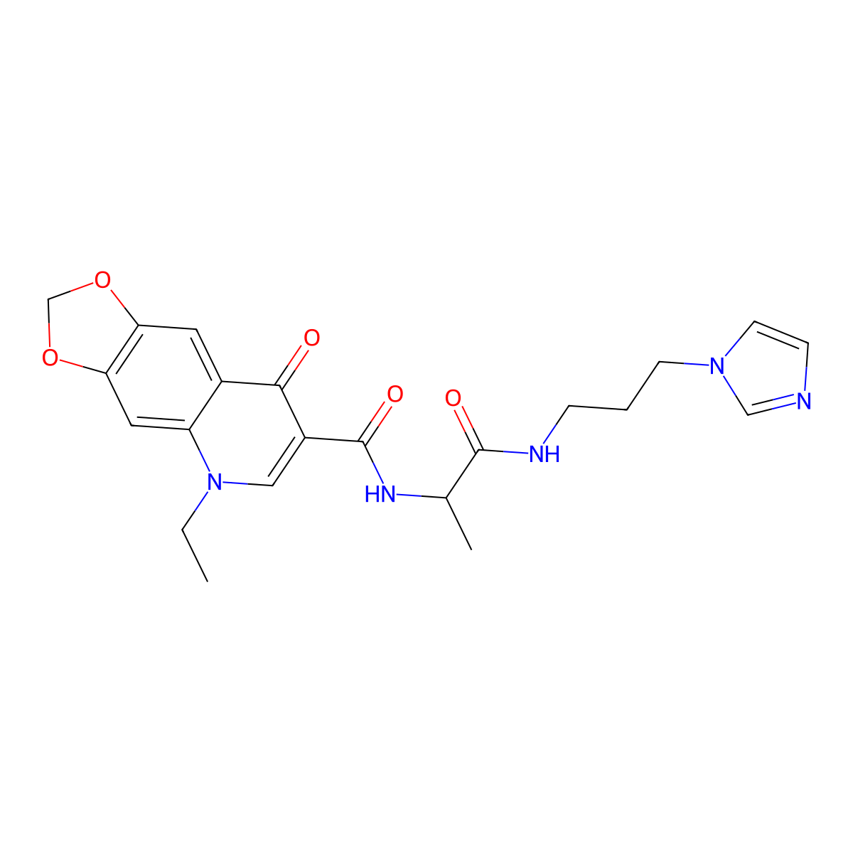 5-ethyl-N-[(2S)-1-{[3-(1H-imidazol-1-yl)propyl]amino}-1-oxopropan-2-yl]-8-oxo-5,8-dihydro[1,3]dioxolo[4,5-g]quinoline-7-carboxamide molecular structure, CAS 1014066-43-3