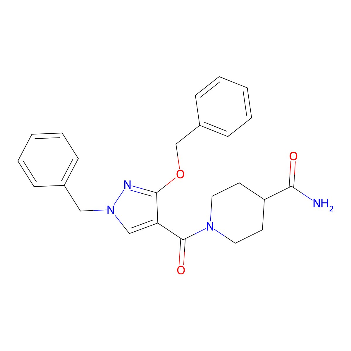 1-(1-benzyl-3-(benzyloxy)-1H-pyrazole-4-carbonyl)piperidine-4-carboxamide molecular structure, CAS 1014066-96-6