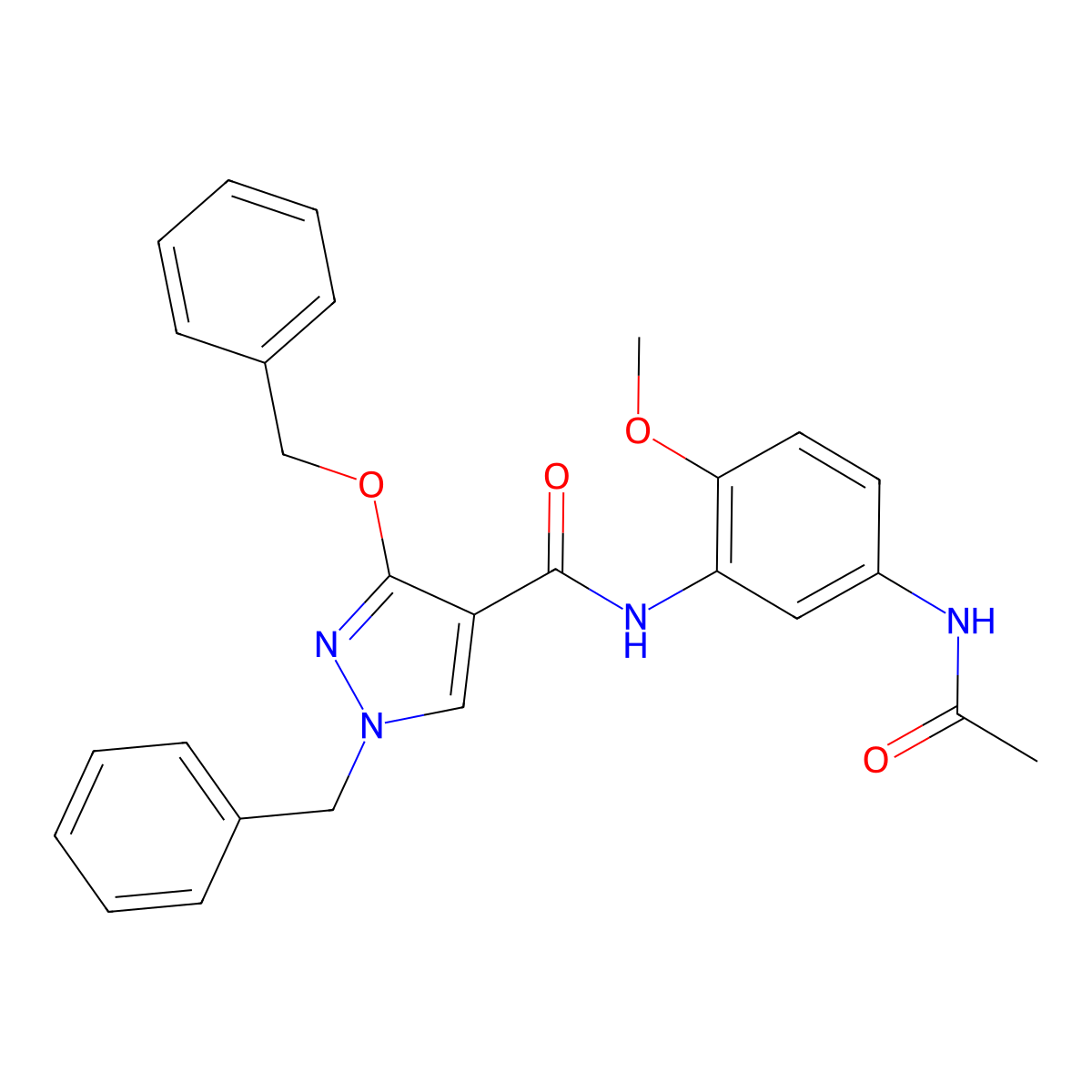 N-(5-acetamido-2-methoxyphenyl)-1-benzyl-3-(benzyloxy)-1H-pyrazole-4-carboxamide molecular structure, CAS 1014067-32-3
