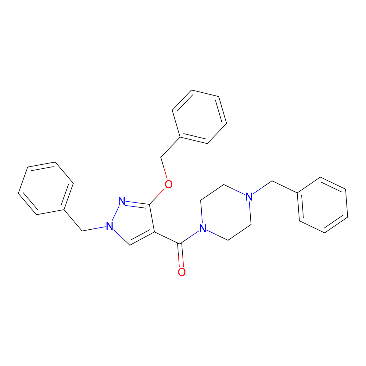 1-benzyl-4-[1-benzyl-3-(benzyloxy)-1H-pyrazole-4-carbonyl]piperazine molecular structure, CAS 1014067-37-8
