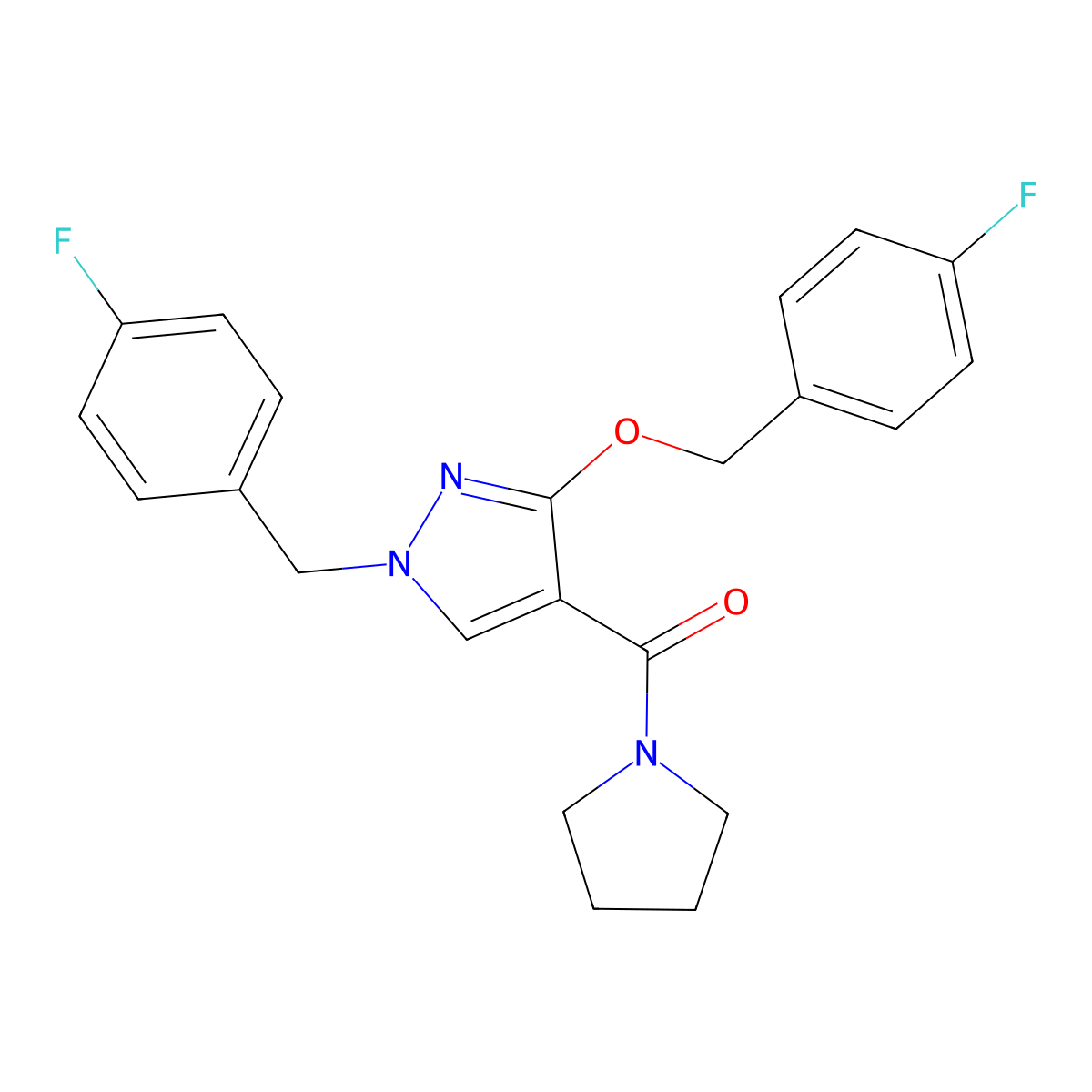 (1-(4-fluorobenzyl)-3-((4-fluorobenzyl)oxy)-1H-pyrazol-4-yl)(pyrrolidin-1-yl)methanone molecular structure, CAS 1014067-39-0