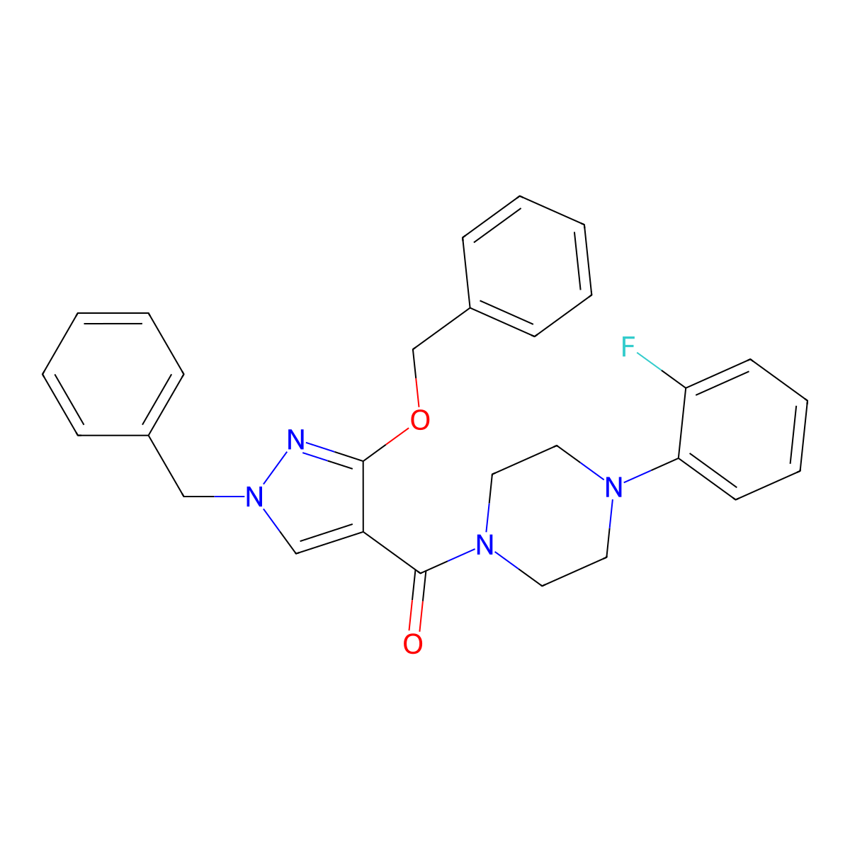 (1-benzyl-3-(benzyloxy)-1H-pyrazol-4-yl)(4-(2-fluorophenyl)piperazin-1-yl)methanone molecular structure, CAS 1014067-50-5