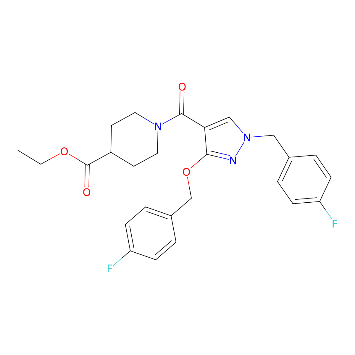 ethyl 1-(1-(4-fluorobenzyl)-3-((4-fluorobenzyl)oxy)-1H-pyrazole-4-carbonyl)piperidine-4-carboxylate molecular structure, CAS 1014067-54-9
