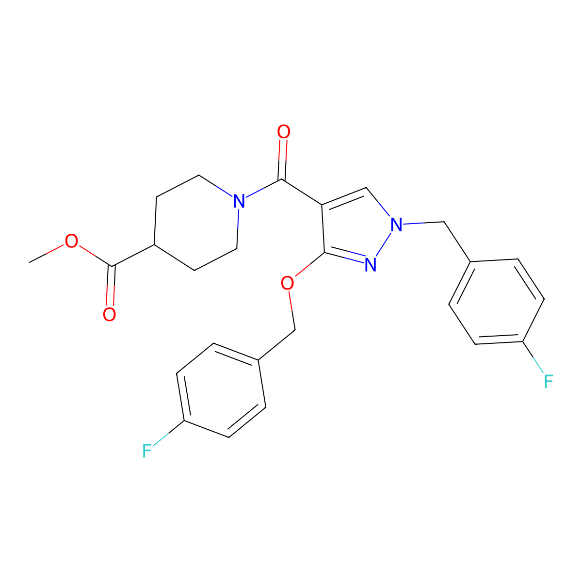 methyl 1-(1-(4-fluorobenzyl)-3-((4-fluorobenzyl)oxy)-1H-pyrazole-4-carbonyl)piperidine-4-carboxylate molecular structure, CAS 1014067-60-7