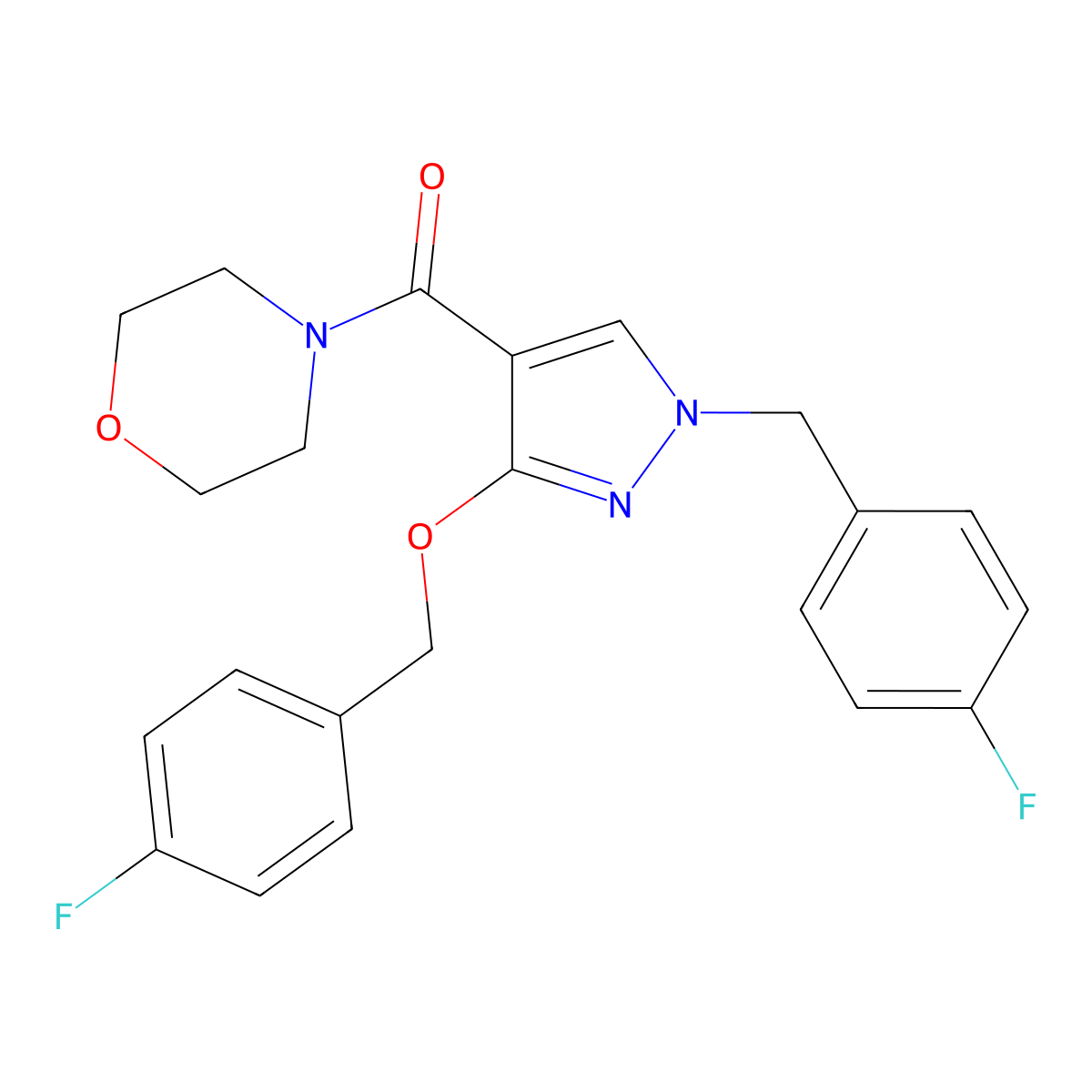 (1-(4-fluorobenzyl)-3-((4-fluorobenzyl)oxy)-1H-pyrazol-4-yl)(morpholino)methanone molecular structure, CAS 1014067-70-9