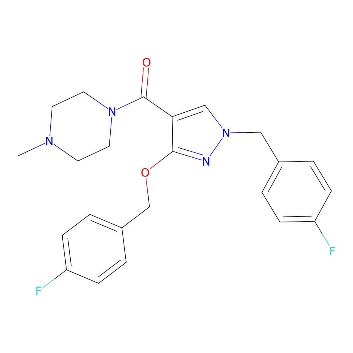1-{3-[(4-fluorophenyl)methoxy]-1-[(4-fluorophenyl)methyl]-1H-pyrazole-4-carbonyl}-4-methylpiperazine molecular structure, CAS 1014067-79-8