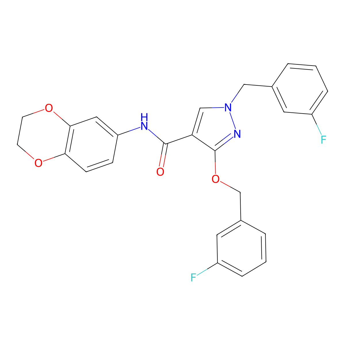 N-(2,3-dihydrobenzo[b][1,4]dioxin-6-yl)-1-(3-fluorobenzyl)-3-((3-fluorobenzyl)oxy)-1H-pyrazole-4-carboxamide molecular structure, CAS 1014067-99-2