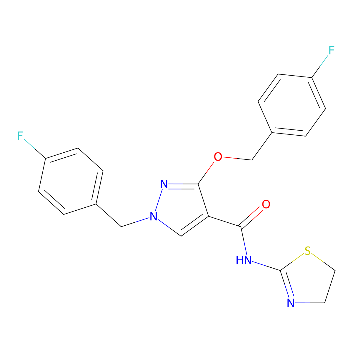N-(4,5-dihydrothiazol-2-yl)-1-(4-fluorobenzyl)-3-((4-fluorobenzyl)oxy)-1H-pyrazole-4-carboxamide molecular structure, CAS 1014068-32-6