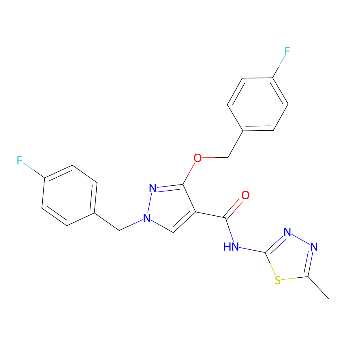 1-(4-fluorobenzyl)-3-((4-fluorobenzyl)oxy)-N-(5-methyl-1,3,4-thiadiazol-2-yl)-1H-pyrazole-4-carboxamide molecular structure, CAS 1014068-56-4