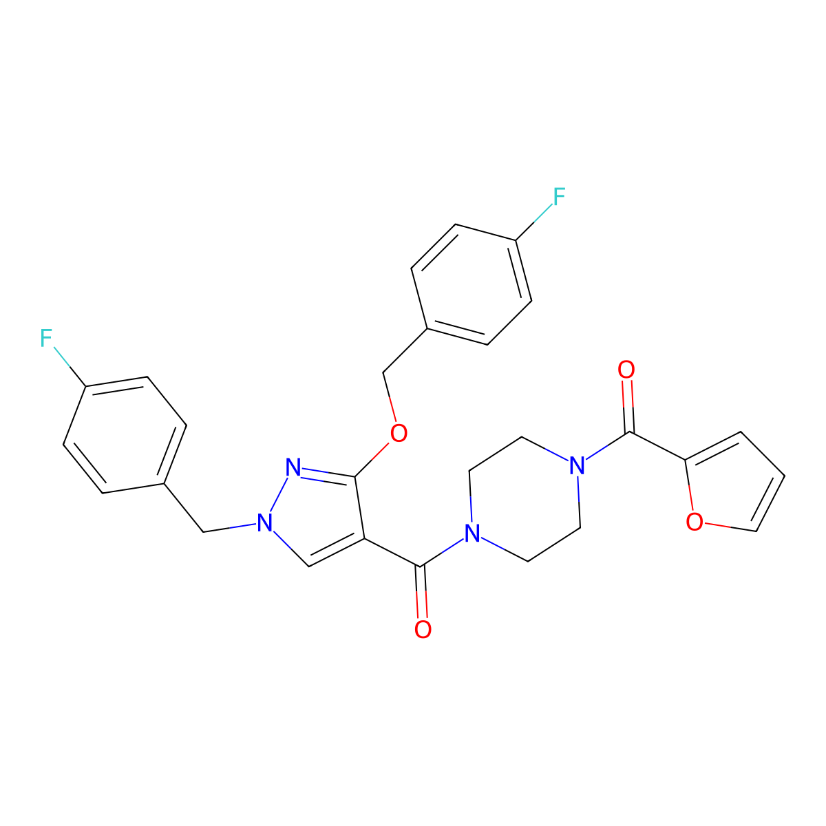 (1-(4-fluorobenzyl)-3-((4-fluorobenzyl)oxy)-1H-pyrazol-4-yl)(4-(furan-2-carbonyl)piperazin-1-yl)methanone molecular structure, CAS 1014068-72-4