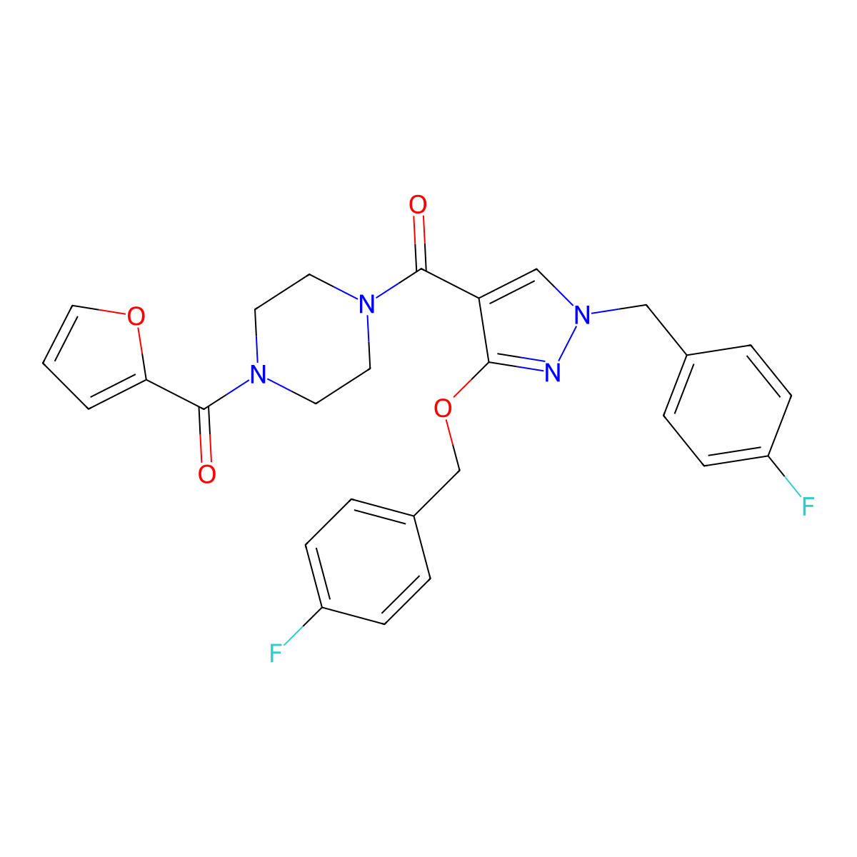 (1-(4-fluorobenzyl)-3-((4-fluorobenzyl)oxy)-1H-pyrazol-4-yl)(4-(furan-2-carbonyl)piperazin-1-yl)methanone molecular structure, CAS 1014068-72-4