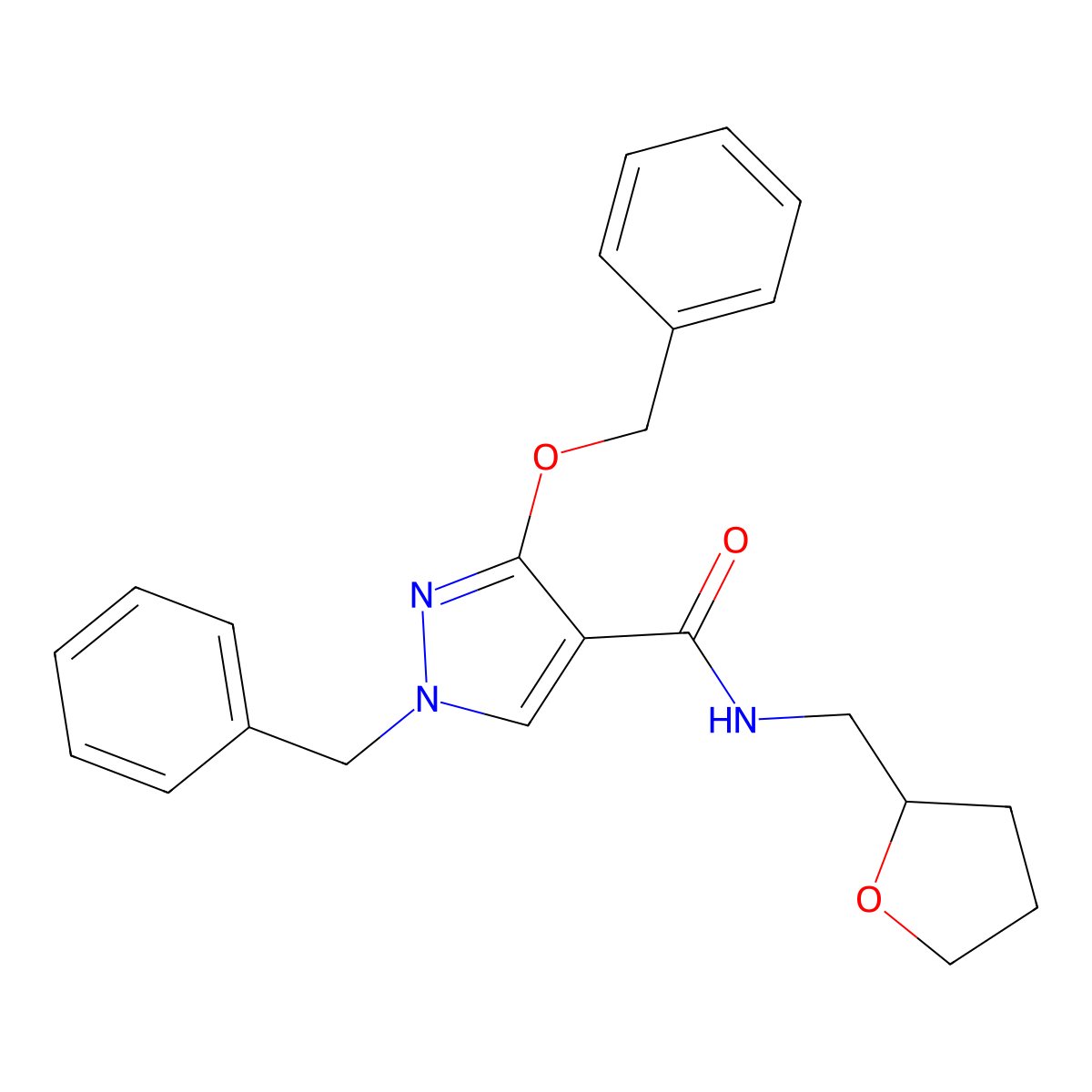 1-benzyl-3-(benzyloxy)-N-((tetrahydrofuran-2-yl)methyl)-1H-pyrazole-4-carboxamide molecular structure, CAS 1014068-78-0