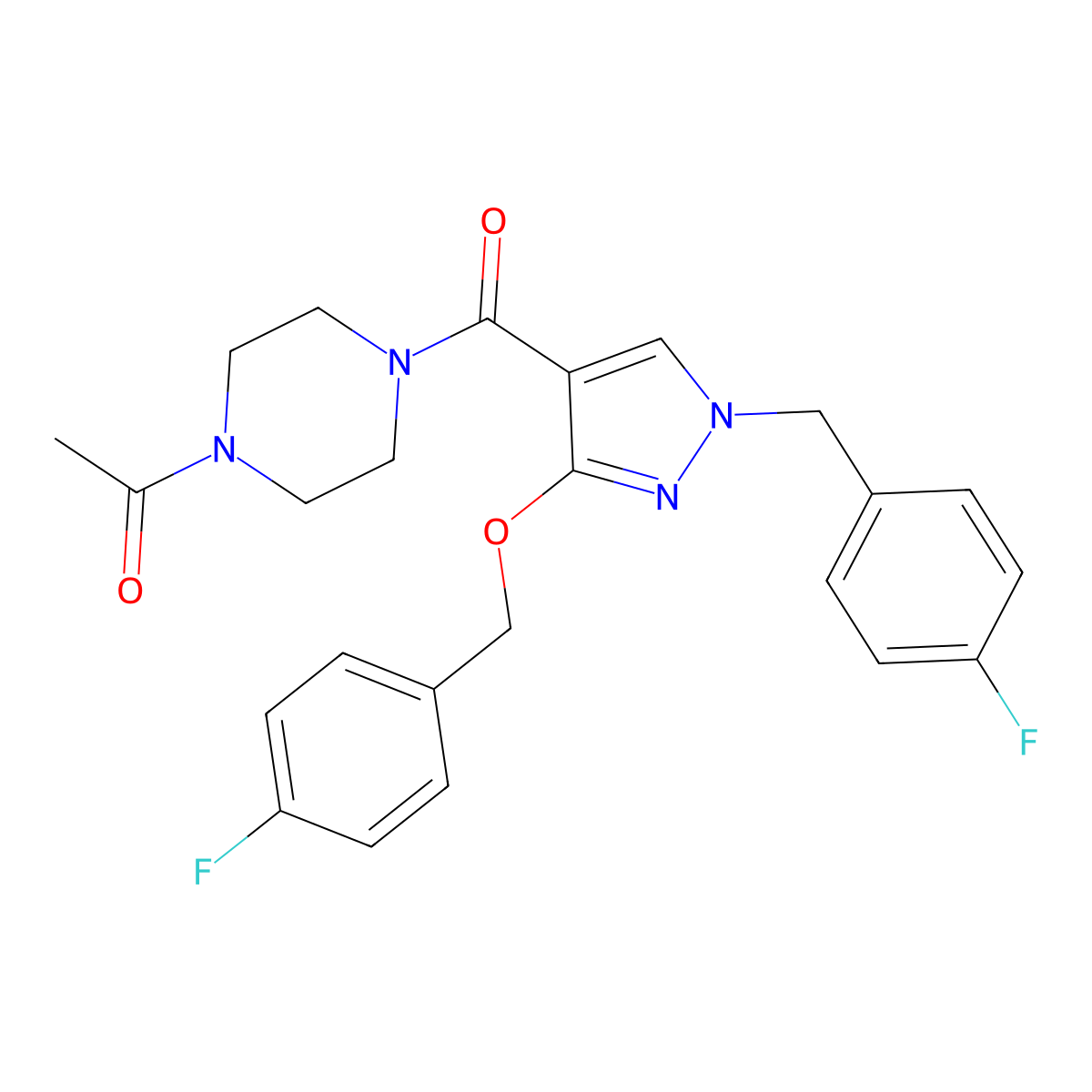 1-(4-(1-(4-fluorobenzyl)-3-((4-fluorobenzyl)oxy)-1H-pyrazole-4-carbonyl)piperazin-1-yl)ethanone molecular structure, CAS 1014068-79-1