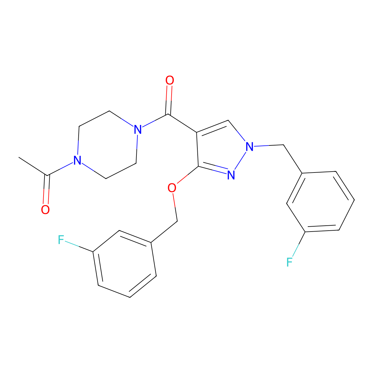 1-(4-(1-(3-fluorobenzyl)-3-((3-fluorobenzyl)oxy)-1H-pyrazole-4-carbonyl)piperazin-1-yl)ethanone molecular structure, CAS 1014068-88-2
