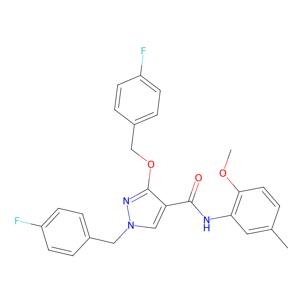 1-(4-fluorobenzyl)-3-((4-fluorobenzyl)oxy)-N-(2-methoxy-5-methylphenyl)-1H-pyrazole-4-carboxamide molecular structure, CAS 1014068-94-0