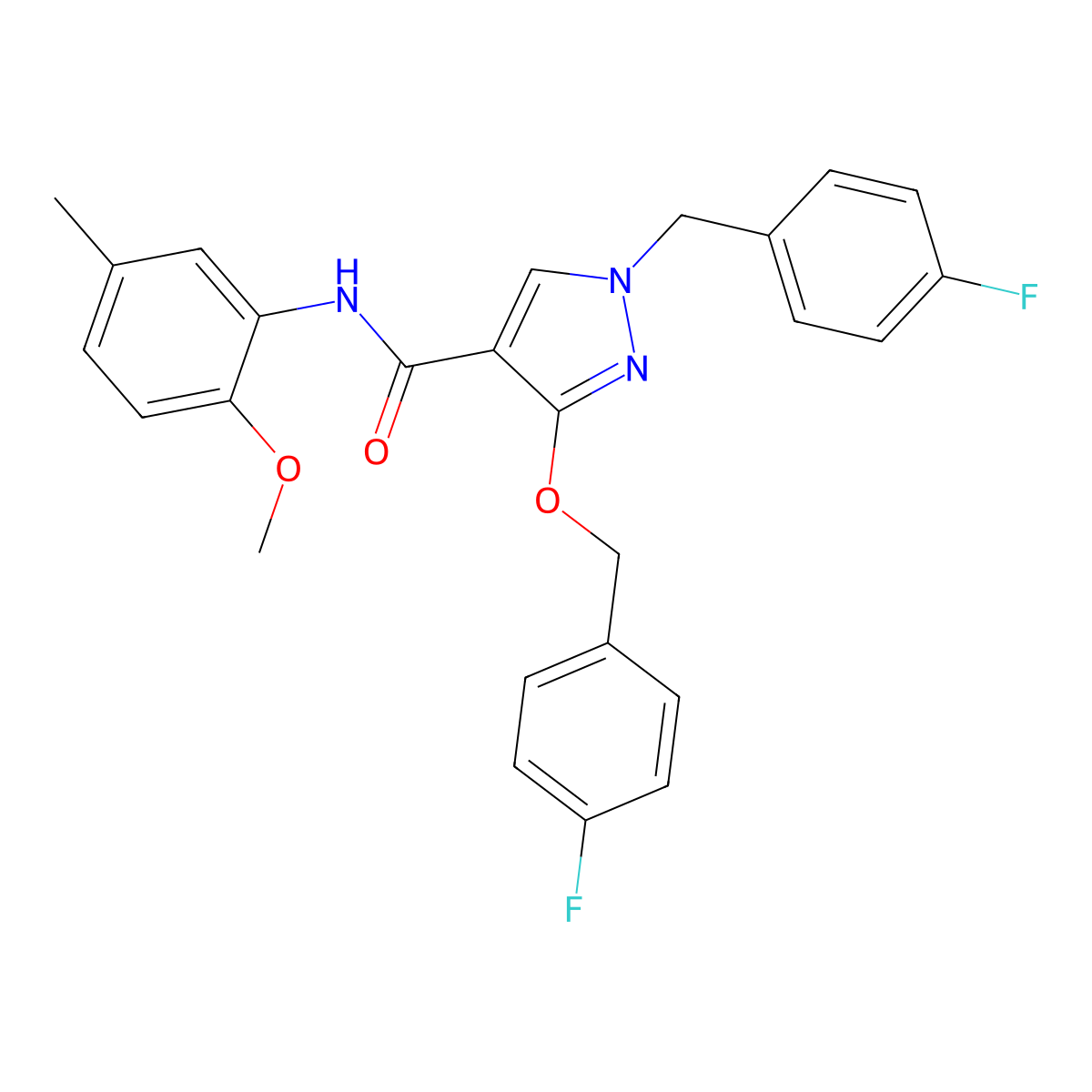 1-(4-fluorobenzyl)-3-((4-fluorobenzyl)oxy)-N-(2-methoxy-5-methylphenyl)-1H-pyrazole-4-carboxamide molecular structure, CAS 1014068-94-0