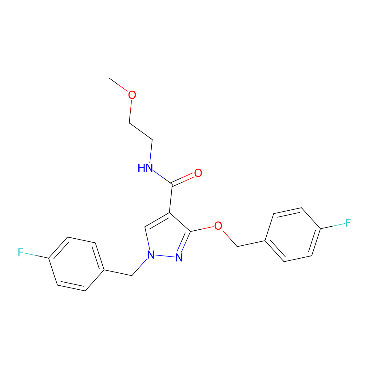 1-(4-fluorobenzyl)-3-((4-fluorobenzyl)oxy)-N-(2-methoxyethyl)-1H-pyrazole-4-carboxamide molecular structure, CAS 1014069-04-5