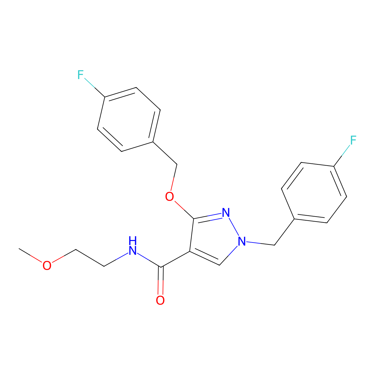 1-(4-fluorobenzyl)-3-((4-fluorobenzyl)oxy)-N-(2-methoxyethyl)-1H-pyrazole-4-carboxamide molecular structure, CAS 1014069-04-5
