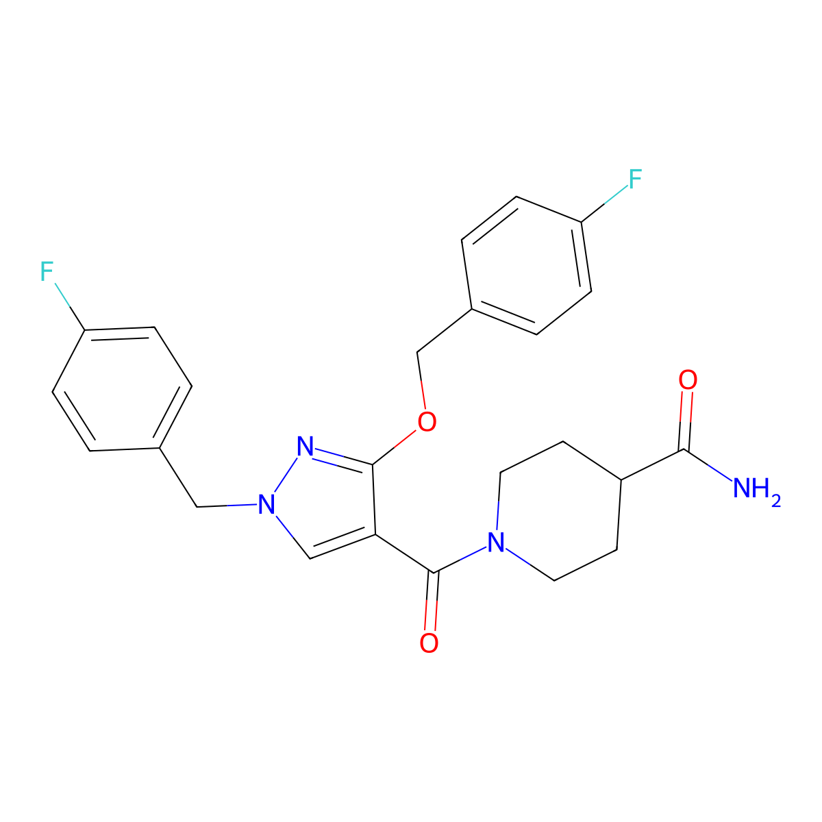1-(1-(4-fluorobenzyl)-3-((4-fluorobenzyl)oxy)-1H-pyrazole-4-carbonyl)piperidine-4-carboxamide molecular structure, CAS 1014069-05-6