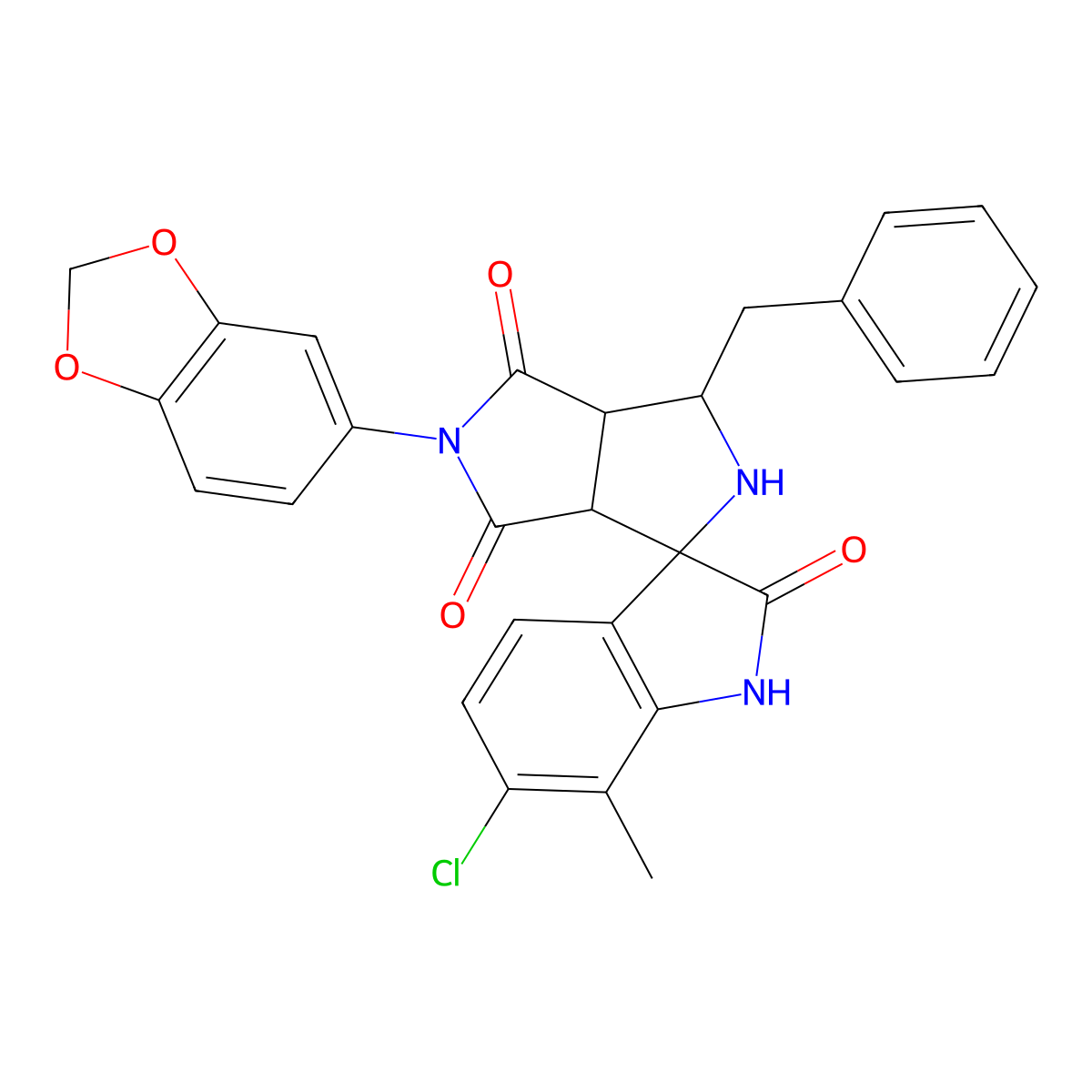 (1S,3R,3aR,6aS)-5-(1,3-benzodioxol-5-yl)-1-benzyl-6'-chloro-7'-methylspiro[1,2,3a,6a-tetrahydropyrrolo[3,4-c]pyrrole-3,3'-1H-indole]-2',4,6-trione molecular structure, CAS 1014069-06-7