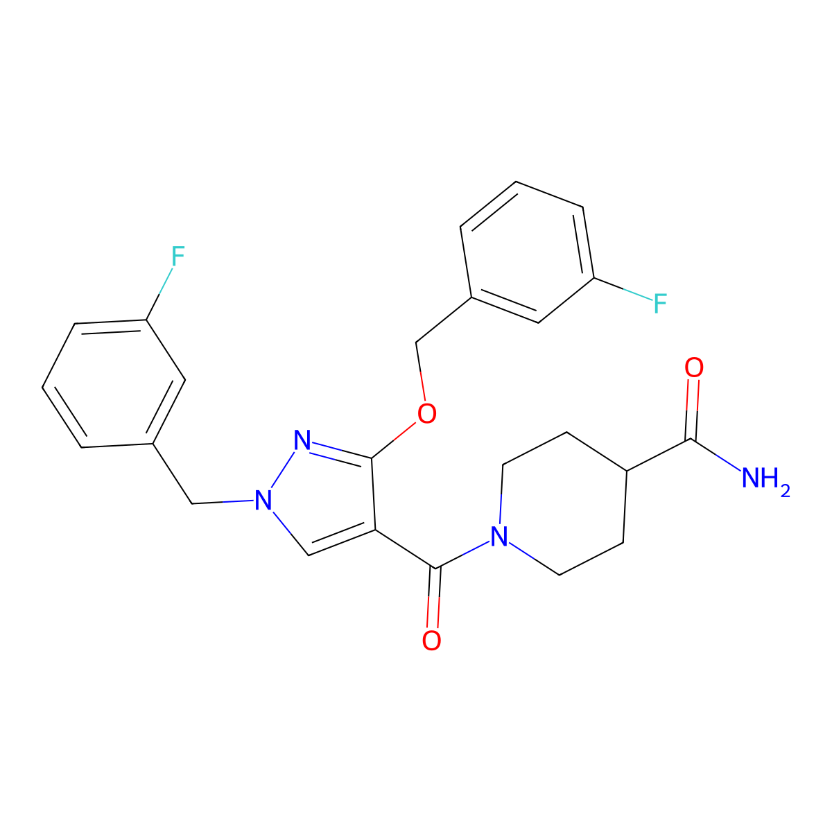 1-(1-(3-fluorobenzyl)-3-((3-fluorobenzyl)oxy)-1H-pyrazole-4-carbonyl)piperidine-4-carboxamide molecular structure, CAS 1014069-07-8