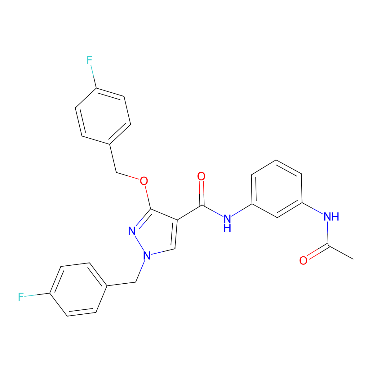N-(3-acetamidophenyl)-1-(4-fluorobenzyl)-3-((4-fluorobenzyl)oxy)-1H-pyrazole-4-carboxamide molecular structure, CAS 1014069-23-8