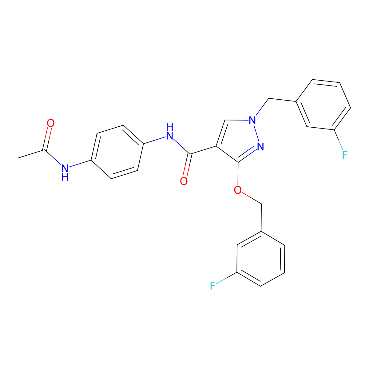 N-(4-acetamidophenyl)-1-(3-fluorobenzyl)-3-((3-fluorobenzyl)oxy)-1H-pyrazole-4-carboxamide molecular structure, CAS 1014069-35-2