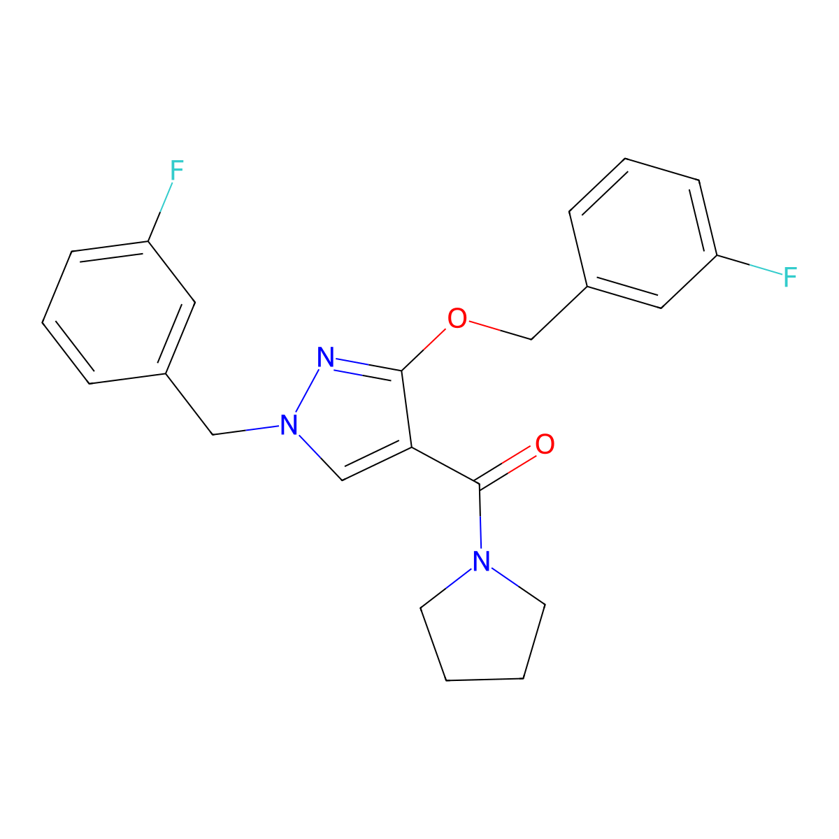 3-[(3-fluorophenyl)methoxy]-1-[(3-fluorophenyl)methyl]-4-(pyrrolidine-1-carbonyl)-1H-pyrazole molecular structure, CAS 1014069-59-0