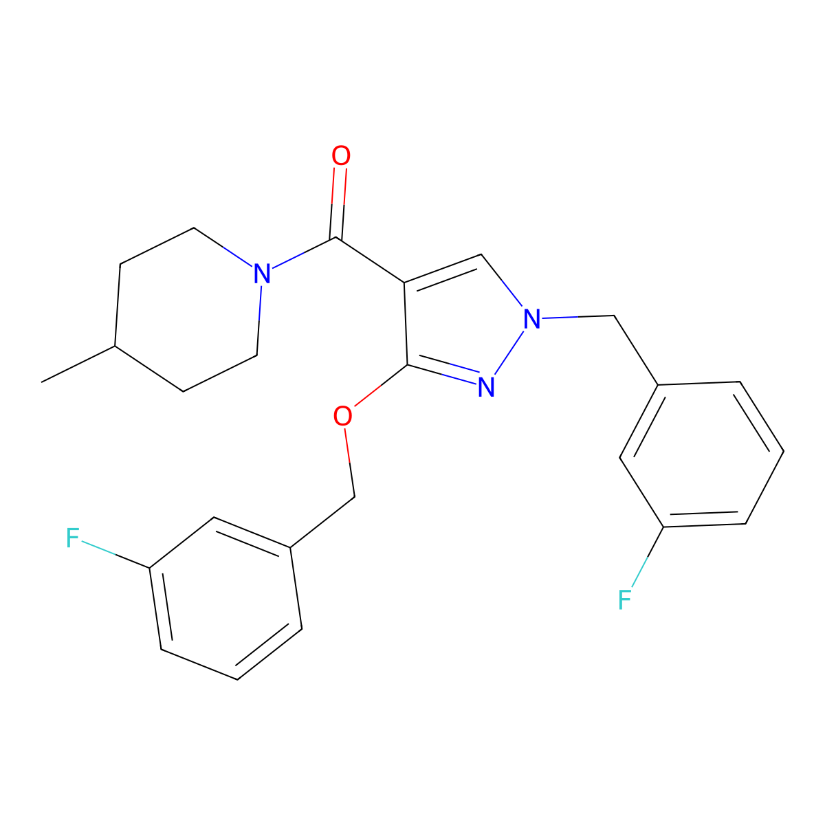 (1-(3-fluorobenzyl)-3-((3-fluorobenzyl)oxy)-1H-pyrazol-4-yl)(4-methylpiperidin-1-yl)methanone molecular structure, CAS 1014069-70-5