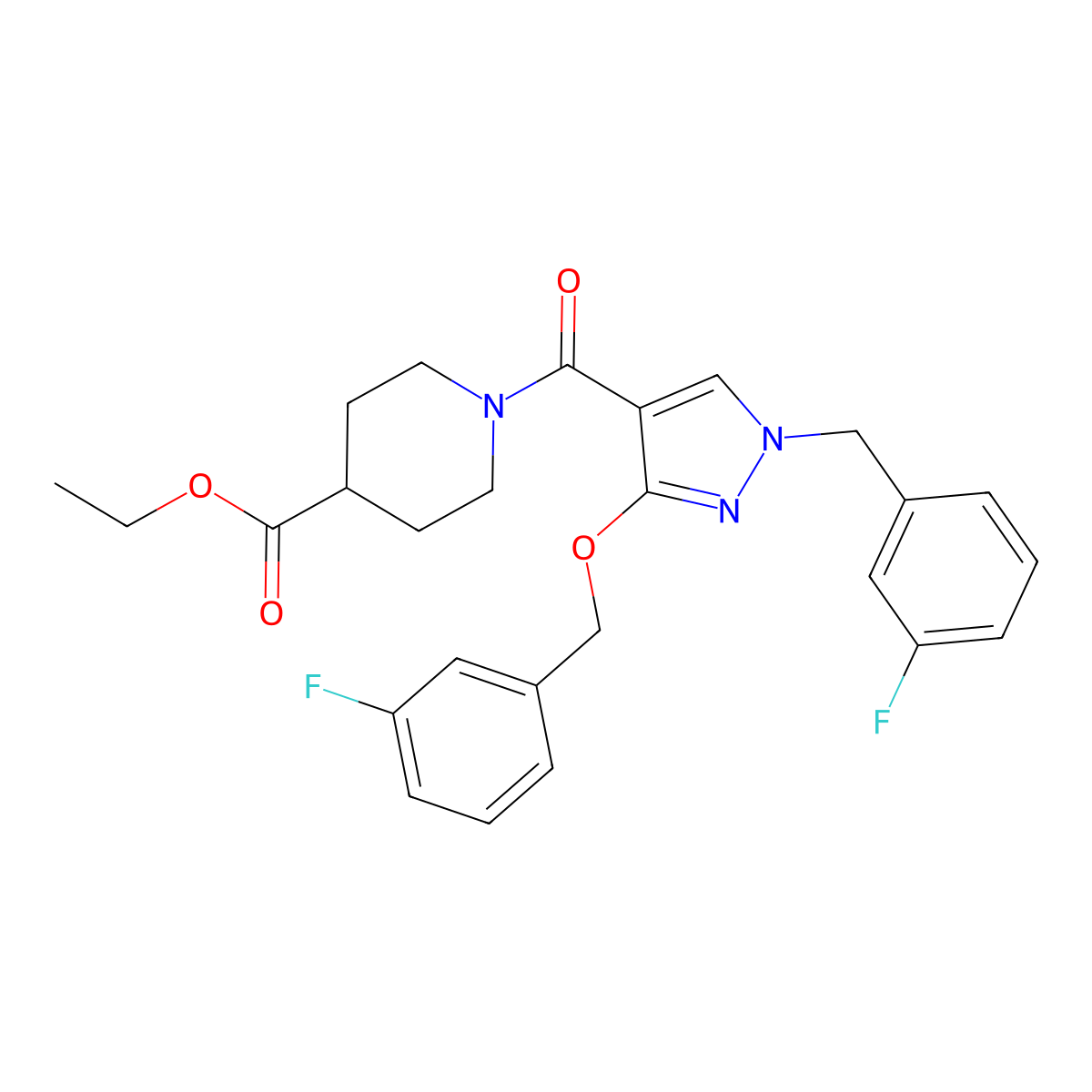 ethyl 1-(1-(3-fluorobenzyl)-3-((3-fluorobenzyl)oxy)-1H-pyrazole-4-carbonyl)piperidine-4-carboxylate molecular structure, CAS 1014069-74-9