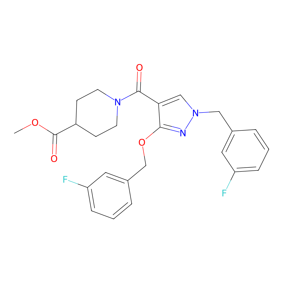 methyl 1-(1-(3-fluorobenzyl)-3-((3-fluorobenzyl)oxy)-1H-pyrazole-4-carbonyl)piperidine-4-carboxylate molecular structure, CAS 1014069-86-3