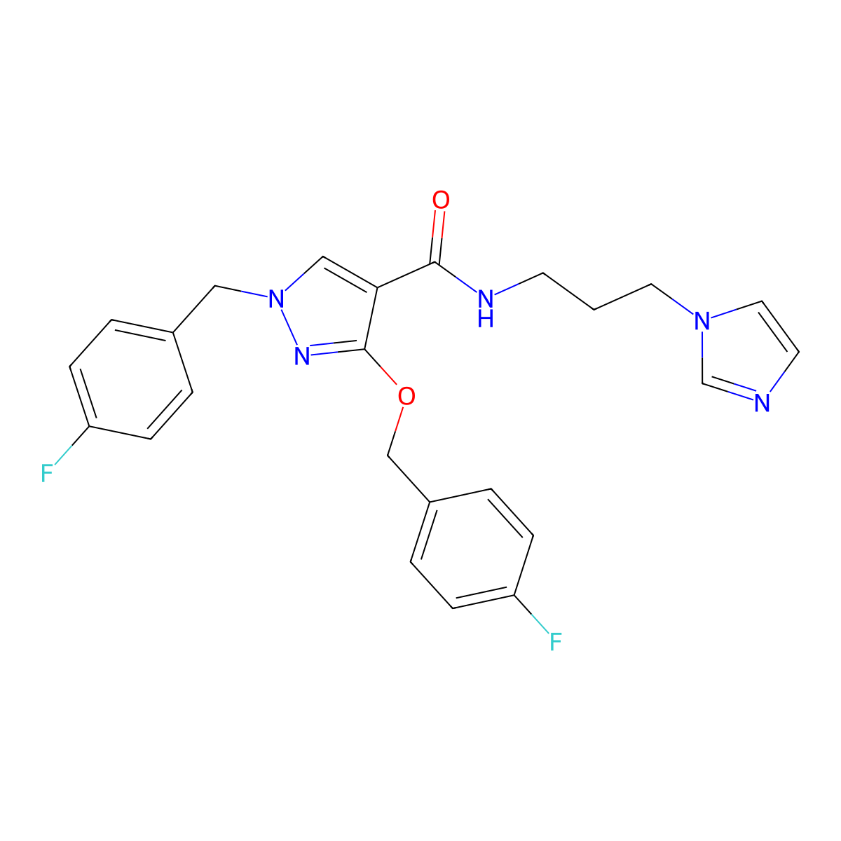 N-(3-(1H-imidazol-1-yl)propyl)-1-(4-fluorobenzyl)-3-((4-fluorobenzyl)oxy)-1H-pyrazole-4-carboxamide molecular structure, CAS 1014069-93-2