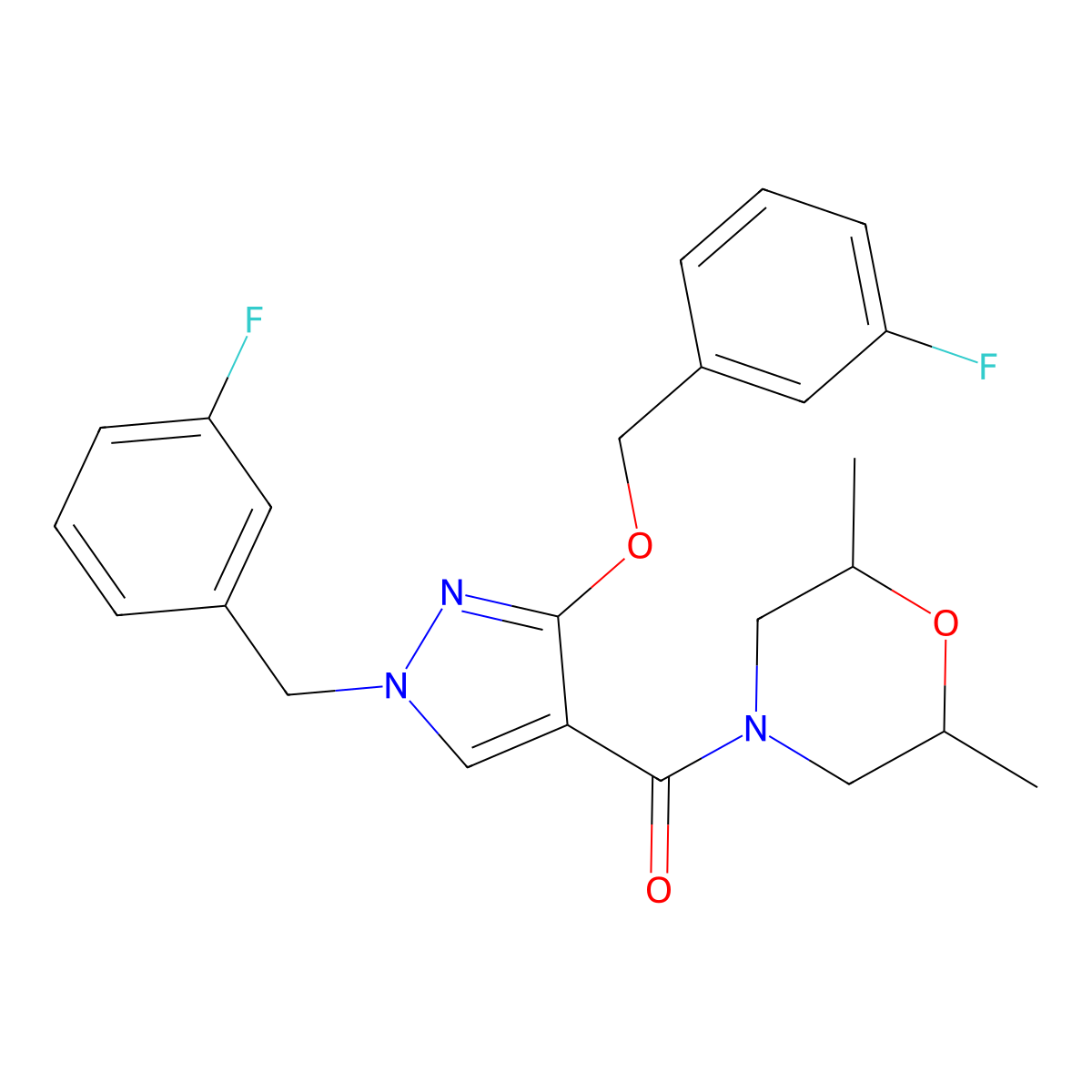 (2,6-dimethylmorpholino)(1-(3-fluorobenzyl)-3-((3-fluorobenzyl)oxy)-1H-pyrazol-4-yl)methanone molecular structure, CAS 1014069-99-8