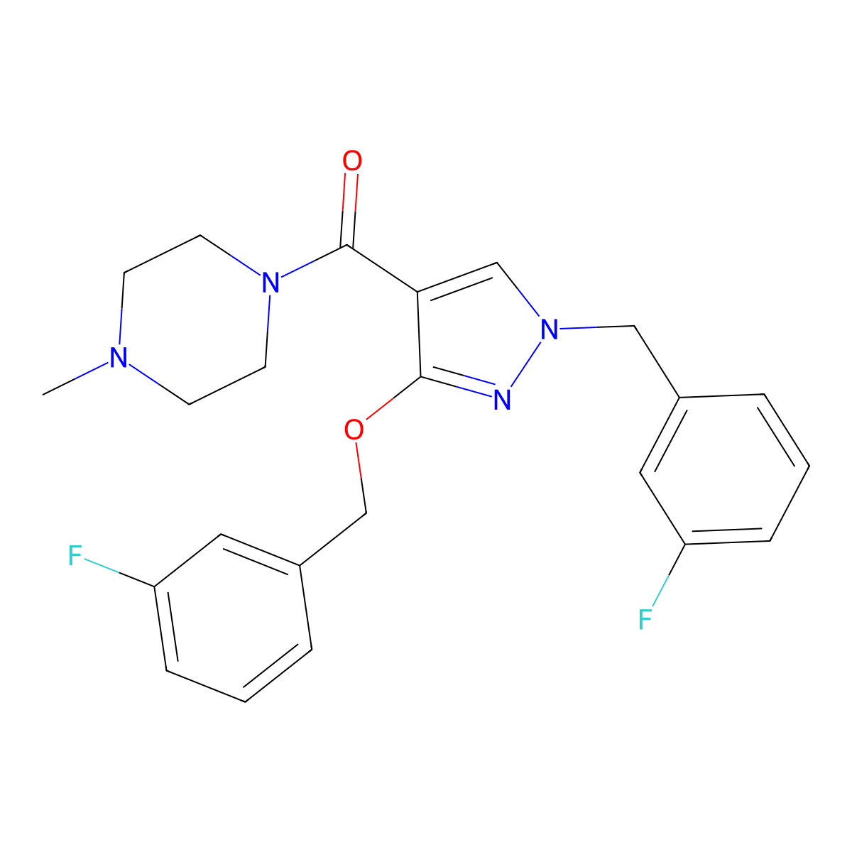 (1-(3-fluorobenzyl)-3-((3-fluorobenzyl)oxy)-1H-pyrazol-4-yl)(4-methylpiperazin-1-yl)methanone molecular structure, CAS 1014070-07-5