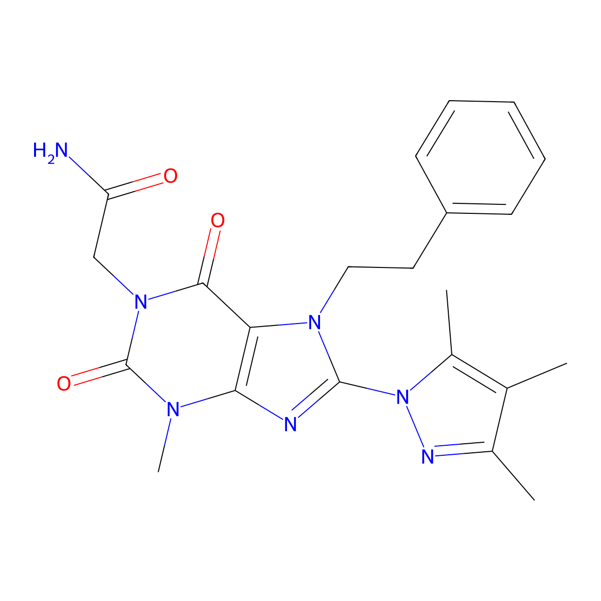 2-[3-methyl-2,6-dioxo-7-(2-phenylethyl)-8-(3,4,5-trimethyl-1H-pyrazol-1-yl)-2,3,6,7-tetrahydro-1H-purin-1-yl]acetamide molecular structure, CAS 1014070-98-4