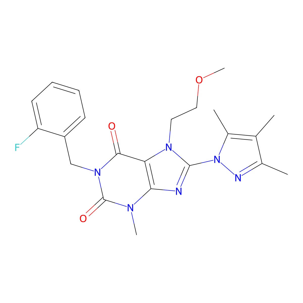 1-(2-fluorobenzyl)-7-(2-methoxyethyl)-3-methyl-8-(3,4,5-trimethyl-1H-pyrazol-1-yl)-1H-purine-2,6(3H,7H)-dione molecular structure, CAS 1014071-21-6