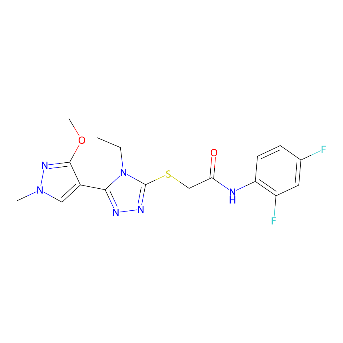N-(2,4-difluorophenyl)-2-((4-ethyl-5-(3-methoxy-1-methyl-1H-pyrazol-4-yl)-4H-1,2,4-triazol-3-yl)thio)acetamide molecular structure, CAS 1014071-28-3