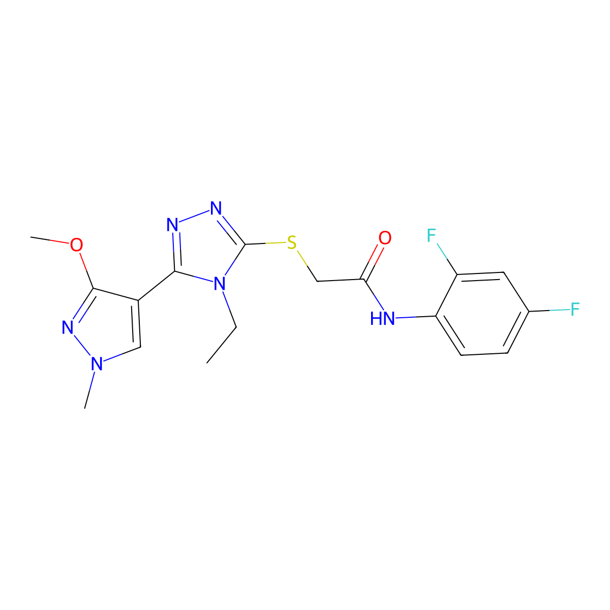 N-(2,4-difluorophenyl)-2-((4-ethyl-5-(3-methoxy-1-methyl-1H-pyrazol-4-yl)-4H-1,2,4-triazol-3-yl)thio)acetamide molecular structure, CAS 1014071-28-3
