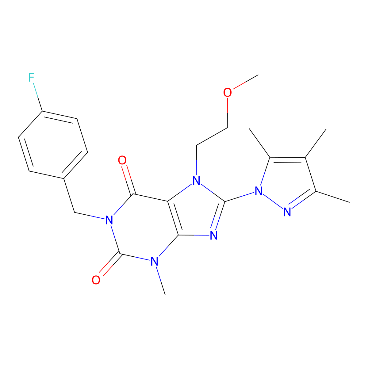 1-(4-fluorobenzyl)-7-(2-methoxyethyl)-3-methyl-8-(3,4,5-trimethyl-1H-pyrazol-1-yl)-1H-purine-2,6(3H,7H)-dione molecular structure, CAS 1014071-31-8
