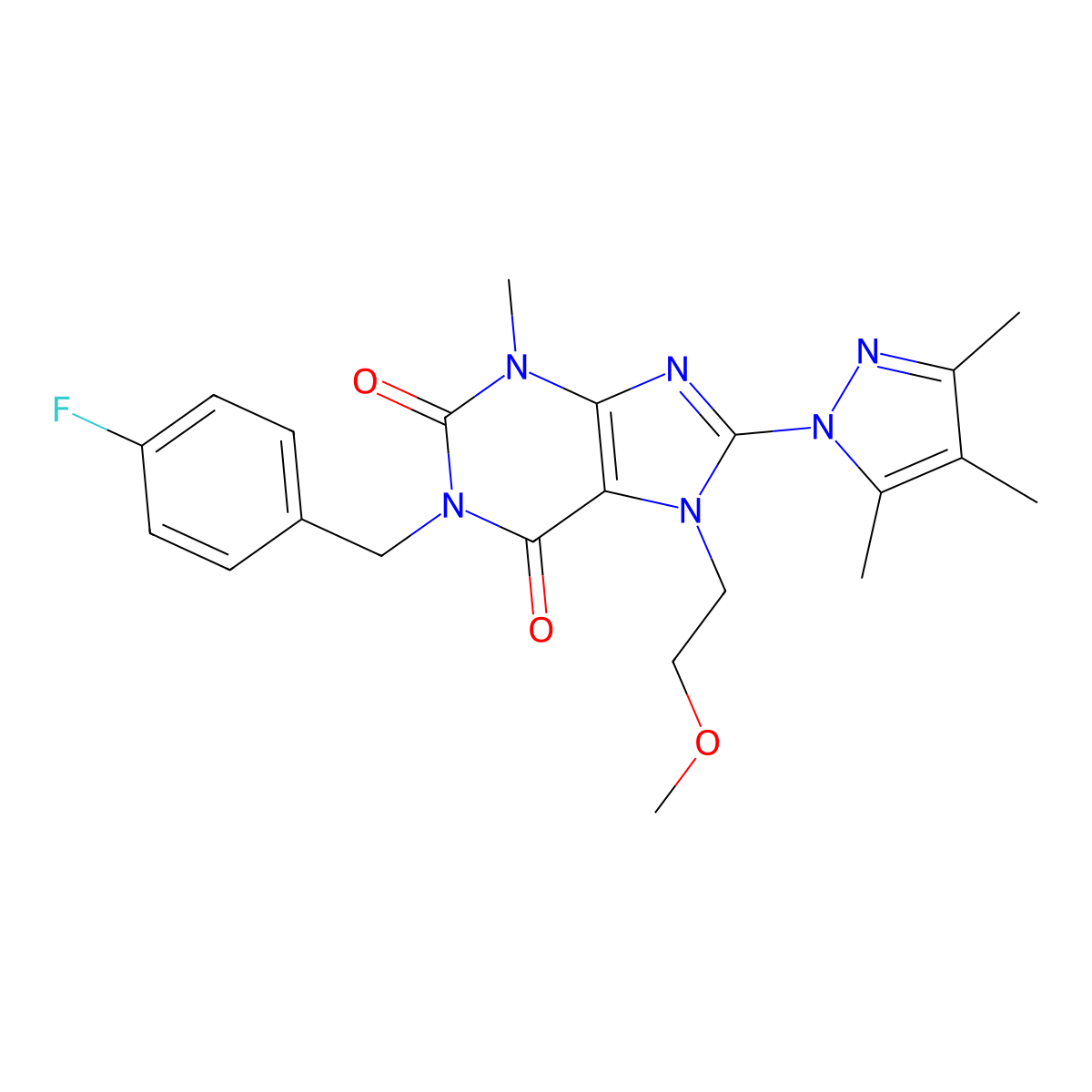 1-(4-fluorobenzyl)-7-(2-methoxyethyl)-3-methyl-8-(3,4,5-trimethyl-1H-pyrazol-1-yl)-1H-purine-2,6(3H,7H)-dione molecular structure, CAS 1014071-31-8