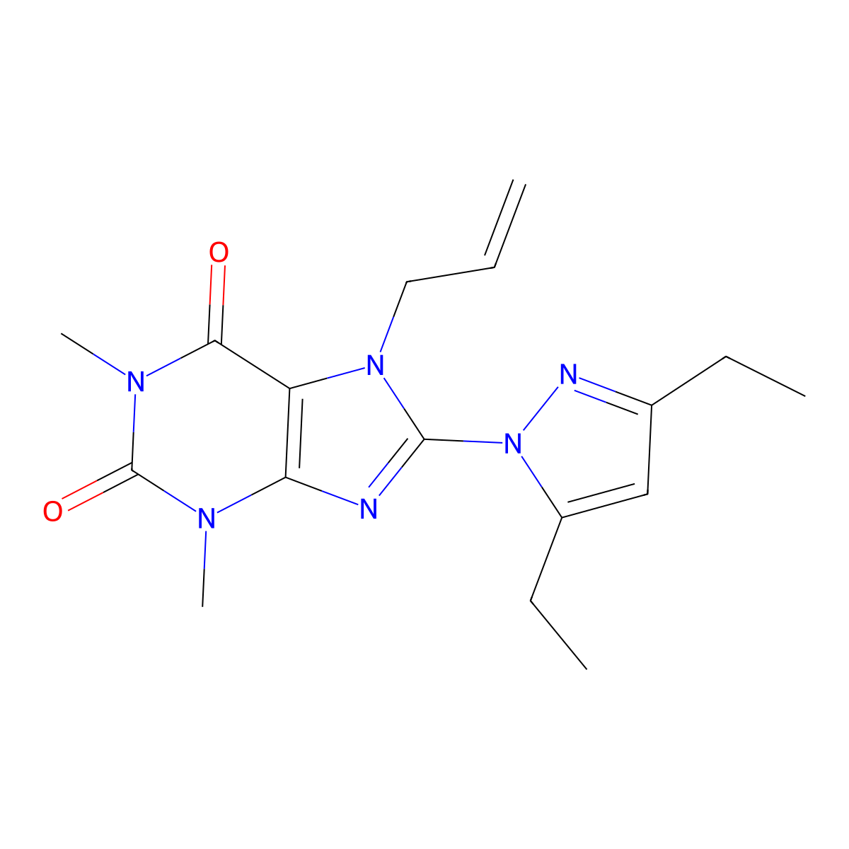 8-(3,5-diethyl-1H-pyrazol-1-yl)-1,3-dimethyl-7-(prop-2-en-1-yl)-2,3,6,7-tetrahydro-1H-purine-2,6-dione molecular structure, CAS 1014071-39-6