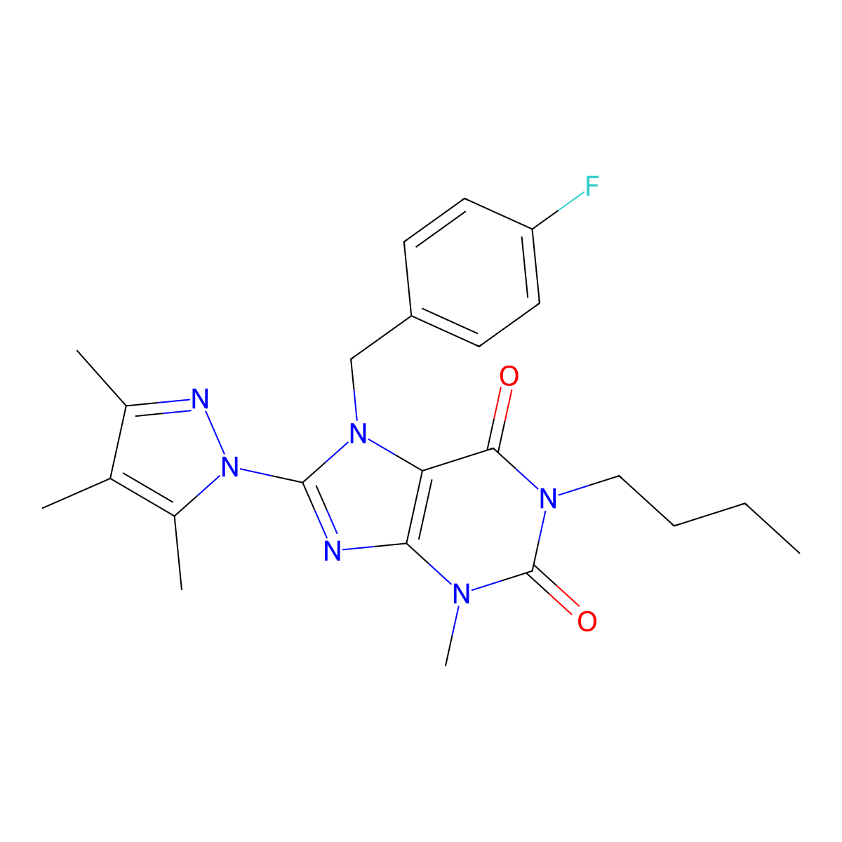 1-butyl-7-(4-fluorobenzyl)-3-methyl-8-(3,4,5-trimethyl-1H-pyrazol-1-yl)-1H-purine-2,6(3H,7H)-dione molecular structure, CAS 1014071-47-6