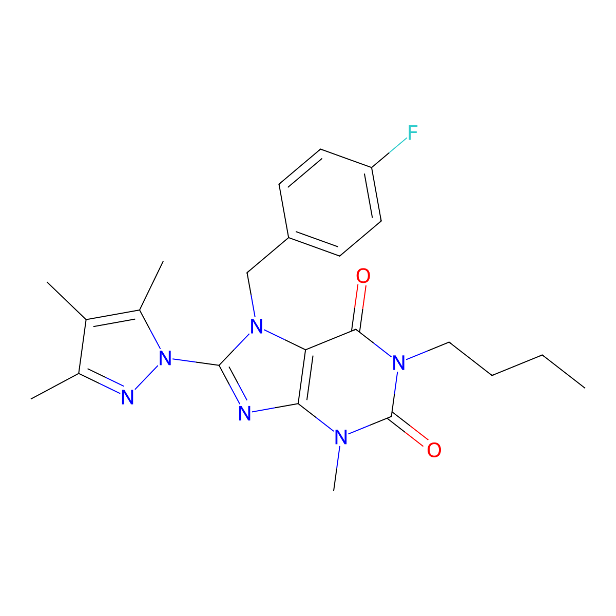 1-butyl-7-(4-fluorobenzyl)-3-methyl-8-(3,4,5-trimethyl-1H-pyrazol-1-yl)-1H-purine-2,6(3H,7H)-dione molecular structure, CAS 1014071-47-6